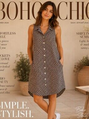 Boho Chic Cotton Trapeze Sleeveless Collared Dress Size 12-14  ( XL)